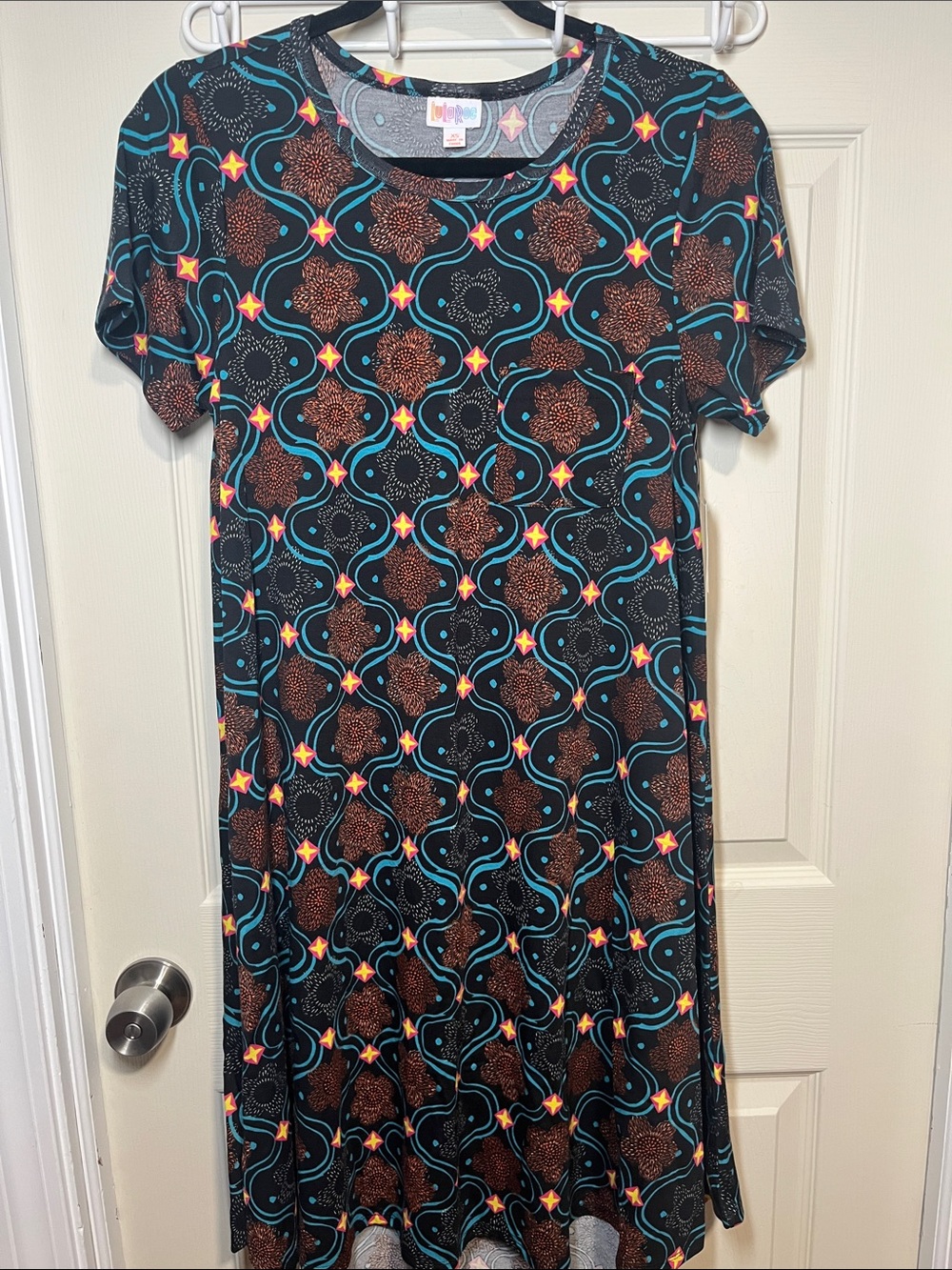LuLaRoe Carly Black Dress with Turquoise and Brown Geometric Print